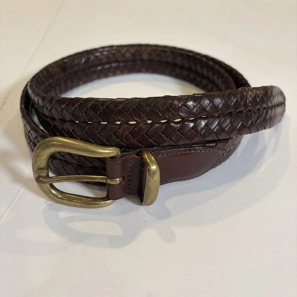 Coach Braided Leather Belt with Brass Buckle - Dark Brown